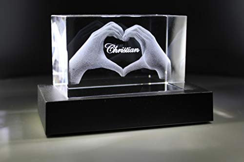 VIP-LASER 3D Glas Kristall mit Gravur I Herz aus Zwei Händen mit Namen graviert Weihnachten Jahrestag Geburtstag (incl. LED-Leuchtsockel (empfohlen))