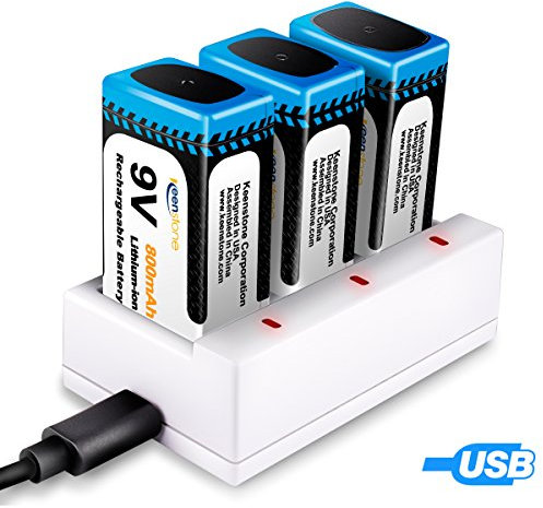 9V Batteria Li-ion Ricaricabile, Keenstone 3pcs 800mAh 9V PP3 Batterie agli Ioni di Litio Caricabatteria - Bassa Autoscarica - Densità Alta Energia-500 Cicli di Ricarica (Cavo di Ricarica USB Incluso)