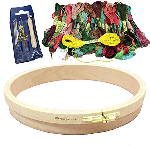 Nurge Stickrahmen aus Holz, 250 mm, Nadel-Set, Farbfäden, Starter-Set