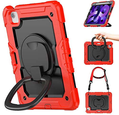 Timecity Schutzhülle für iPad Air 5. / 4. Generation (10,9 Zoll) (für iPad Air 5/4 Hülle): mit starkem Schutz, Displayschutzfolie, Griff, Schultergurt, um 360° drehbarer Ständer, Stifthalter, Rot