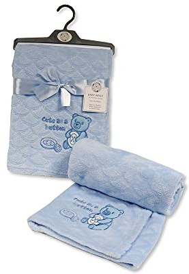 KAV Baby Cute As A Button Wrap Fleece Blanket for Girl/Boy Super Soft Teddy Bear Image Blankets for Newborn Babies, Toddlers, Infants - 75x100 CM (Sky)
