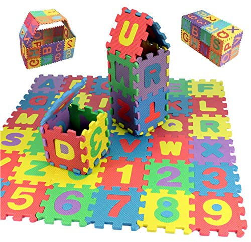 Puzzlematte für Kinder, 36 TLG Puzzle, Weiche Eva Moosgummimatte Teppiche der Zahlen 0 bis 9 und 26 Buchstaben (A-Z) für Kinder Baby CE-Zertifikat (14cm pro Stück 84 * 84CM)