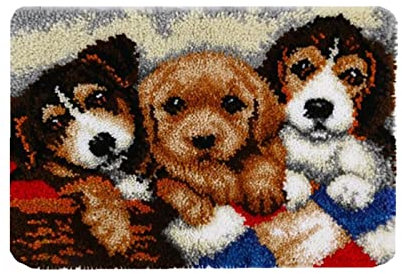 VIONNPPT Karikatur Hund Knüpfteppich Zum Selber Knüpfen DIY Stickkissen Teppich, Unfinished Häkelteppich Set mit Vordruck, Latch Hook Kits für Kinder Erwachsene (DREI Doggy,50cmx38cm)
