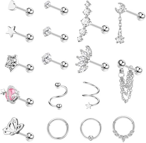 KALVICA 17Pcs Boucles D'oreilles Acier Inoxydable Femme Piercing Tragus Labret Conch Piercing Helix Acier Chirurgical Hypoallergénique CZ Piercing Nez 16G Argent Or Or Rose(S)