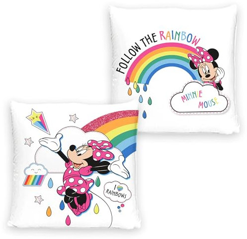 BERONAGE Minnie Mouse Rainbow 40 cm x 40 cm Decorative Cuddly Reversible Children's Pillow Disney Mickey Mouse Daisy Donald Goofy Front and Back Matches Bed Linen