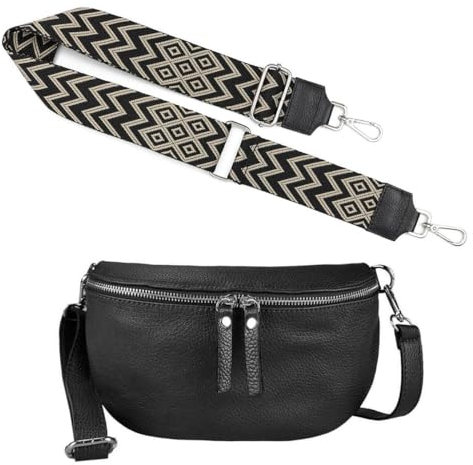 Made in Italy OBC Damen Set Gürteltasche + Schultergurt Leder Crossbody Hüfttasche Bauchtasche Umhängetasche Brusttasche Crossover Bag Schultertasche Handytasche Geldtasche Schwarz-Beige S (25cm)