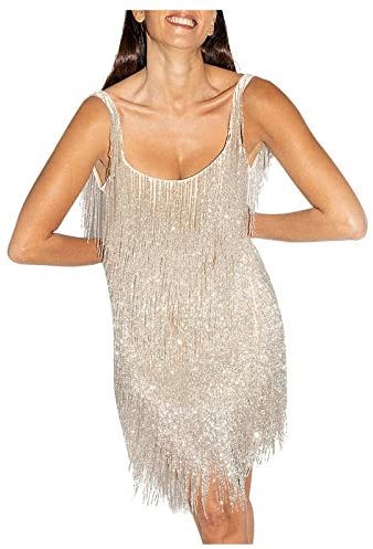 Damen Pailletten Kleid, Sparkle Party Bodycon Minikleid Ärmellos Tunika Weste Partykleid Damen Sequin Schulterfrei Glitzer Dress Armellos Fransen Square-Ausschnitt Rückenfreies Bodycon Partykleider