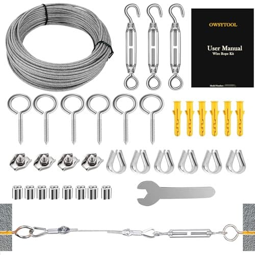 OWSYTOOL Wire Rope Kit 20M 2mm, 304 Stainless Steel wire with Turnbuckles, Vinyl Coated Garden Wire for Climbing Plants, String Lights Hanging, Outdoor Camping, Trellis, Clothes line, Curtain