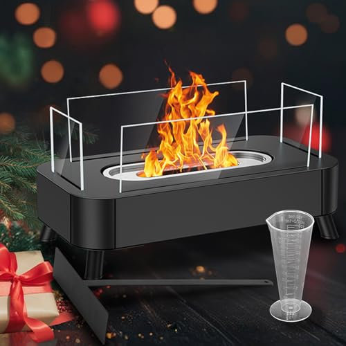 Tischkamin Ethanol Für Indoor, Sentasi Upgrade Kamin Mit 4-Seitigem Glas, Bioethanol Mit Lagerfeueratmosphäre, Gemütliche Atmosphäre Tischfeuer,Tisch Feuerstelle (Schwarz)