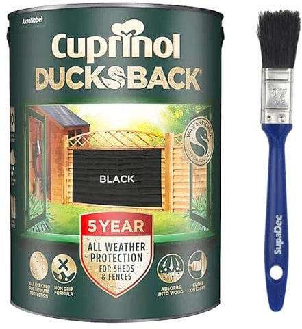 Cuprinol 5L Ducksback Fence and Shed Paint – Black with SupaDec Paint Brush | 5 Year Weatherproof Wood Treatment | Non-Drip, Quick Drying, Waterproof Finish for Outdoor Timber
