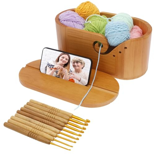Yarn Bowl,Wooden Yarn Ball Storage with Removable Lid for Crocheting and Knitting,Handmade Crocheting Accessories Organizer with 9pcs Crochet,Ideal Gifts Set for Knitters,10.8×5.4×4.8in