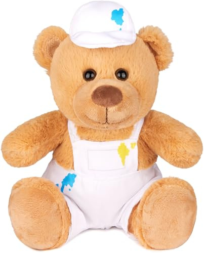 BRUBAKER Teddybär Maler mit Latzhose und Mütze - 25 cm Teddy Kuscheltier | Stofftier Geschenk für Maler und Lackierer - Plüschbär mit Malerhut und Farbflecken - Hellbraun Weiß