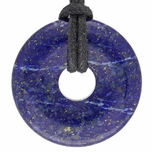 Lebensquelle Plus Edelstein Donut Ø 30 mm + Baumwollband + Edelsteinkarte | Naturstein Anhänger Halskette | Echte Heilsteinkette inkl. Band (Lapislazuli)