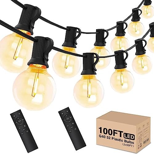 Yuucio Outdoor String Lights Dimmable 100FT, 30M LED Festoon Lights with Remote Control Mains Powered with 52 Shatterproof G40 Plastic Bulbs, Waterproof Garden Light for Balcony, Bistro, Wedding