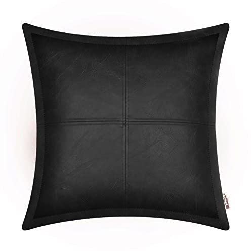 BRAWARM Schwarzer Leder-Kissenbezug 45,7 x 45,7 cm, Kunstleder-Kissenbezug mit Paspelierung, handgenähtes Leder, dekorative Kissenbezüge für Couch, Sofa, Bett, Wohnzimmer, Garten