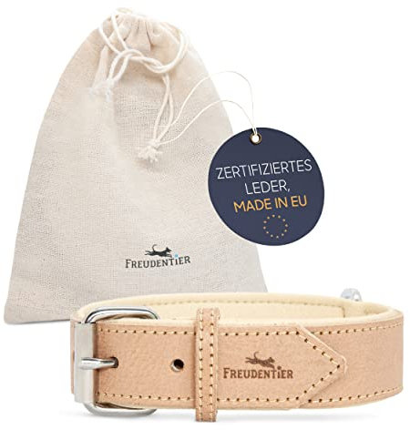 FREUDENTIER® Hundehalsband aus Leder, Made in Holland, gefüttert & super komfortabel, hochwertiges breites Lederhalsband aus Vollnarbenleder, Model “Amstelpark” (37-47cm Halsumfang, Sand)