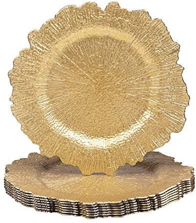 MAONAME 13 Gold Charger Plates Set of 8, Round Reef Chargers for Dinner Plates, Plastic Plate Chargers for Table Setting, Wedding Decor