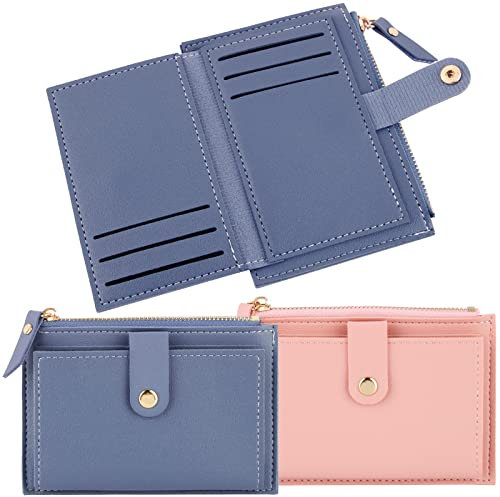 COLOFALLA 2PCS Petits Porte Monnaie Mini Porte Cartes en Cuir PU Portefeuilles pour Femme et Homme 6 Compartiments de Carte 1 Poche à Monnaie Cadeau Noël (Rose et Bleu)
