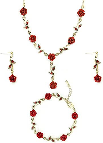 3pcs Rouge Rose Fleur Parure Ensemble de Bijoux Femme 18 or Collier Bracelet Boucles D'Oreilles Pendantes Ajustable Vintage jewellery set Mariage Cadeau Anniversaire Femme