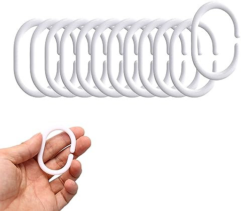 14 PCS White Plastic Curtain Rings and Hooks - C-Shaped Shower Curtain Rings for Bathroom Windows Rod