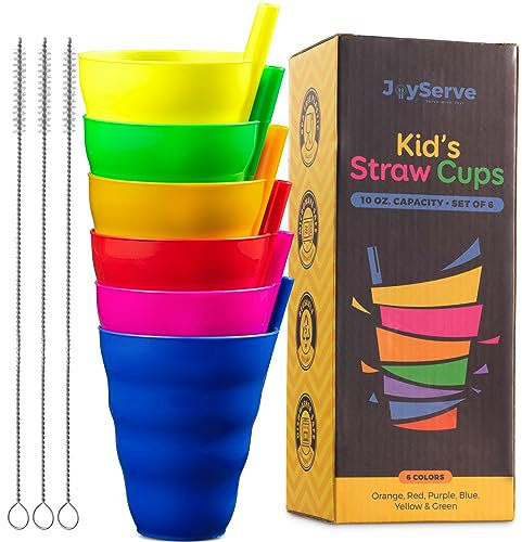 JoyServe Vasos con pajita para niños – (juego de 6) vasos de 10 oz para niños con pajitas incorporadas para uso diario, vasos apilables de plástico sin BPA para beber para agua, jugo, leche
