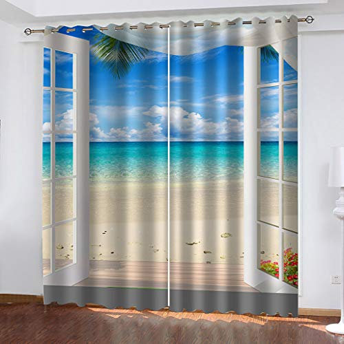 Vorhänge Blickdicht Mit Ösen 3D Druck Fenster Mit Blick Auf Den Strand Und Das Meer Muster Verdunkelungsvorhang Wohnzimmer Schlafzimmer Küche Fenstergardinen Ösenvorhang 2Er Set Dekoschals Vorhän