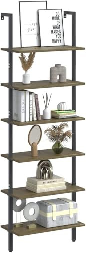 Huhote Ladder Shelf, 6 Tier Wall Bookcase, Bookshelf Wall Mounted, Wall Mount Bookcase, Open Tall Bookshelf with Metal Frame, Industrial Shelf for Living Room, Kitchen, Office, Bedroom (Brown)