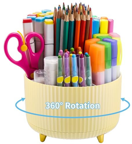 Marbrasse Organizador Escritorio,Portabolígrafos de Escritorio Giratorio 360 Grados,Organizador de Lápices con 5 Compartimentos para la Fficina y el Hogar(Amarillo)