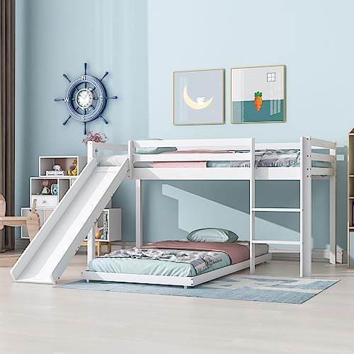 Merax Children's Cabin Bed Frame with Slide & Ladder, Bunk Bed for Kids with Adjustable Ladder and Slide, Adjustable Lower Bed, White(190x90cm+200x90cm)