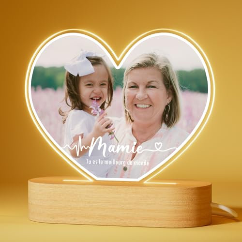 Bemaystar Cadeau Personnalisé Fête des Grands-Mères - Cadeau Mamie - Lampe Personnalisée avec Photo et Texte - Cadre Mamie Verre Acrylique avec Socle LED en Option