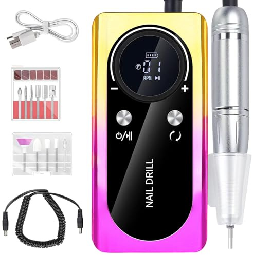 FLRONGSUN Electric Nail Drill 45000RPM Rechargeable Portable with Nail File Electric Nail Drill Set with Smart LCD Display for Manicure Pedicure
