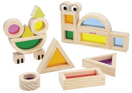 Janod J05306 Holzblock zum Zusammenbauen-Spiel zur Förderung der Sinneswahrnehmung-18 Blöcke und 6 Modellkarten-Lernen von Formen und Farben-Entwickelt die Feinmotorik-Ab 12 Monate