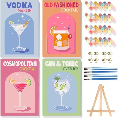 Viart 4 Pack Cocktail Paint by Numbers for Adults with Frame-Adult Paint by Numbers Canvas Kits Cocktails, DIY Cocktail Painting by Numbers for Adults with Framed Canvas (8x12inch)