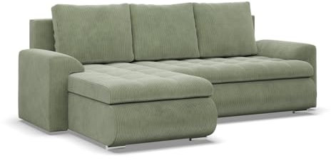Mebligo - Ecksofa mit Schlaffunktion und 2 Bettkasten Cord - Grün 230x89x159 (BxHxT) FORESTA - Links Eckcouch, Sofas & Couches, Couch L Form, Cauchsofa, Sofa Wohnzimmer