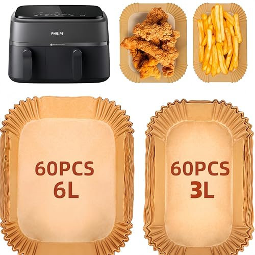 CaiTang 120pcs Papier Cuisson pour Philips Airfryer Série 3000, Papier Cuisson Philips Dual Basket Airfryer 9 Litres NA35000, Papier Cuisson Air Fryer pour Moulinex EZ901820, 60pcs+60pcs, 6L+3L