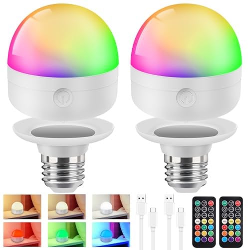 PlayDen USB Aufladbare Glühbirne mit Batterie, LED Akku E27 Glühbirne mit Fernbedienung, 3 Farbtemperatur Dimmbare mit Timing-funktion und Magnetische, Kabellose Lampe Ohne Strom Notlicht, 7W, 2 Pack