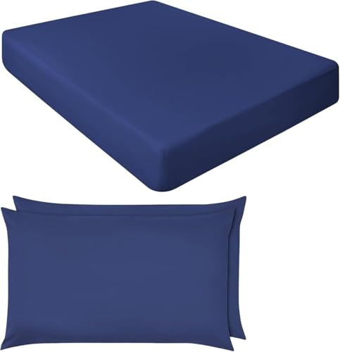 Extra Deep Fitted Sheets 16/40CM Deep Luxury Percale in 15 Colours (Navy, Single + Pillowcase Pair)