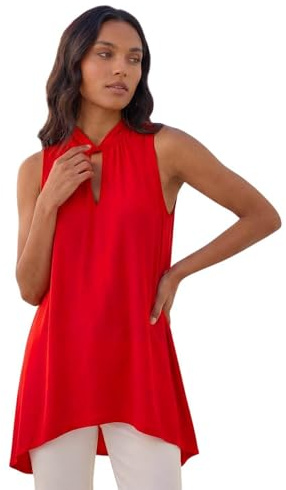 Roman Originals Metallic Leaf Print Stretch Top for Women UK - Ladies Everyday Holiday Spring Summer Halter Neckline Comfy Soft Evening Vacation Work Party - Red - Size 10