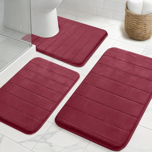 NAKIHOUSE Badezimmerteppich Set 3 Teilig rutschfest & Saugfähig Badematte | 2cm Dicker Memory Schaum Badvorleger, Waschbar, Weich und Schnell Trocknend Badteppich für Dusche, WC & Badewanne, Weinrot