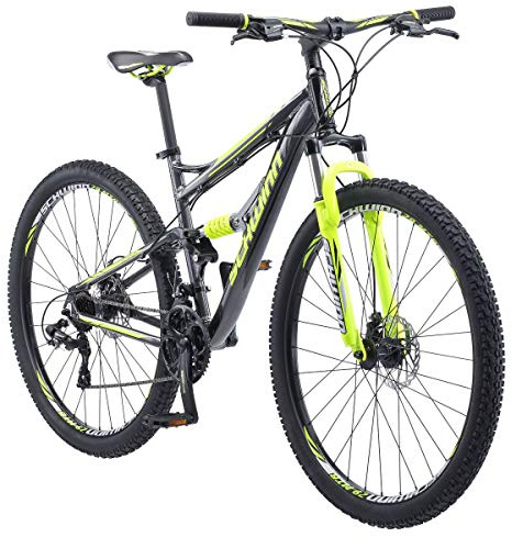 Schwinn Traxion Mountain Bike for Adult Men Women, 29-Inch Wheels, Full Suspension, 24-Speed Shimano Drivetrain, Trigger Shifter, 18-Inch Aluminum Frame, Mechanical Disc Brake, Matte Grey/Neon Green