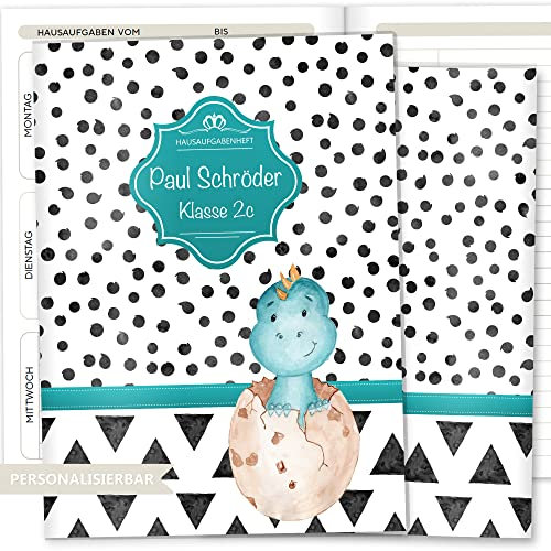OLGS Hausaufgabenheft Hülle Creative Royal inkl. Heft Schulheft Schutzhülle Umschlag Geschenkidee Einschulung personalisierbar mit Namen und die Schulklasse (personalisiert, Dino)