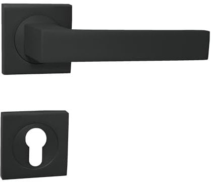 domino Türgriff Drückergarnitur PZ - Profilzylinder Set mit quadratischen PZ Rosetten Türklinke für Zimmertür, Bürotür, Kellertür & Innentür Türbeschläge aus Aluminium Schwarz QUBIK-QR BLACK