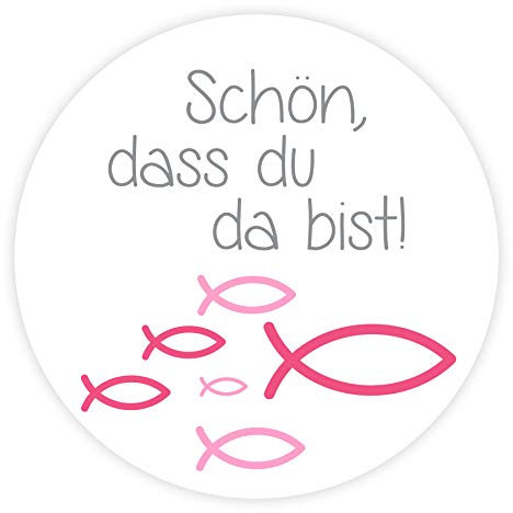 Aufkleber 'Schön, dass du da bist!' Fische pink für Kommunion, Konfirmation & Taufe - 24 Stück 4 cm Mädchen