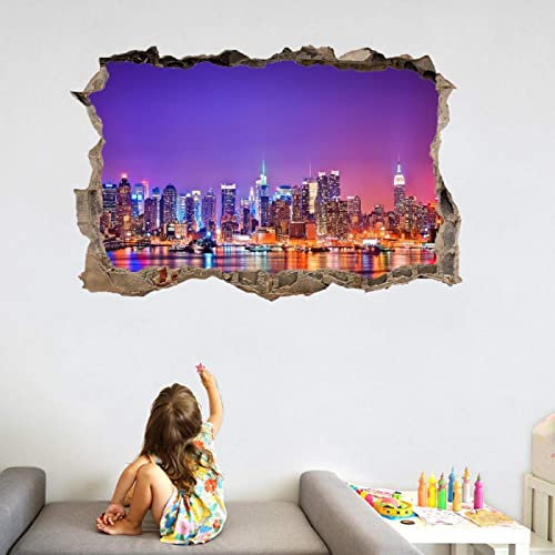 Stadt Wandtattoo Aufkleber Wandbild Architektur Mauerloch 3D Durchbruch Effekt Wandsticker 60 cm x 90 cm Wandaufkleber Wanddeko fürs Wohnung Wohnzimmer Schlafzimmer Bad Kinderzimmer Tapeten Deko