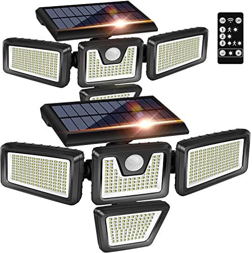 K KASONIC Solar Sicherheitsleuchten, IP65 Wasserdichte Außenbewegungsleuchten mit 4-Kopf Weitwinkelbeleuchtung, Solar-Flutlicht für Veranda, Hof, Terrasse, Garten, Weg, Garage, 2er Pack
