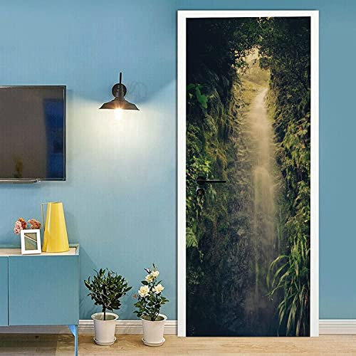 Autocollant Porte Cascade Arbre Nature Paysage 90 X 210 Cm (35.43 X 82.67) De Salle De Bain Poster De Porte Papier Peint Porte Sticker De Porte Trompe L'Oeil Effet 3D Intérieure Muraux Pvc Stickers