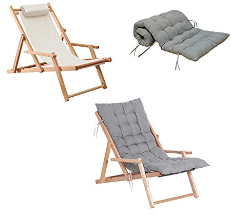 Klappbarer Holz-Strandstuhl, Strandstuhl, Holzstuhl, verstellbare Klappliege, Faltbarer Bambus-Außenstuhl mit Segeltuch, Holz-Liegestuhl, tragbarer Strand-Loungesessel (Farbe: Weiß)
