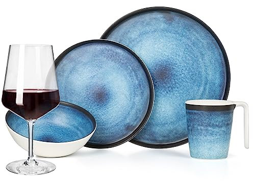 Melamin Camping Geschirr Set 4 Personen Deep Ocean + 4 Milano Rotwein Gläser Rot Weingläser Tafelgeschirr Picknick BBQ Kochgeschirr
