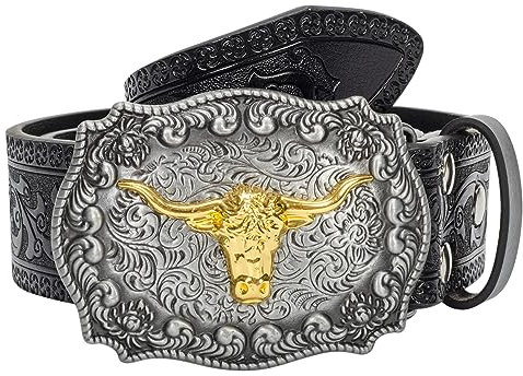 YCMI Western-Cowboy-Gürtel für Männer und Frauen – Bullschnalle, Vintage-Blumen-Gravur, Gürtel für Taille von 71,1 cm bis 101,6 cm, Schwarz, for 28-32 waist