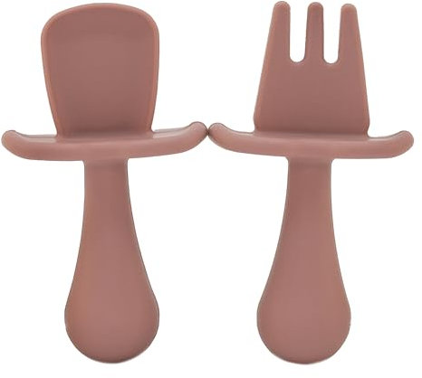 BABYZOCO Cubiertos bebe silicona, Cubiertos de iniciación, Set de cuchara y tenedor ergonómicos bebe, Cubiertos aprendizaje bebés, antibacteriana, Desde 6 meses hasta 18 meses, Silicona, Rosa Pastel